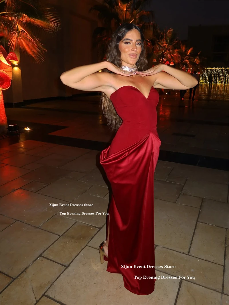 Xijun Red Crepe Mermaid Evening Dresses Sweetheart Pleated Long Prom Dresses Sexy Side Slit Formal Prom Gowns Women Customized