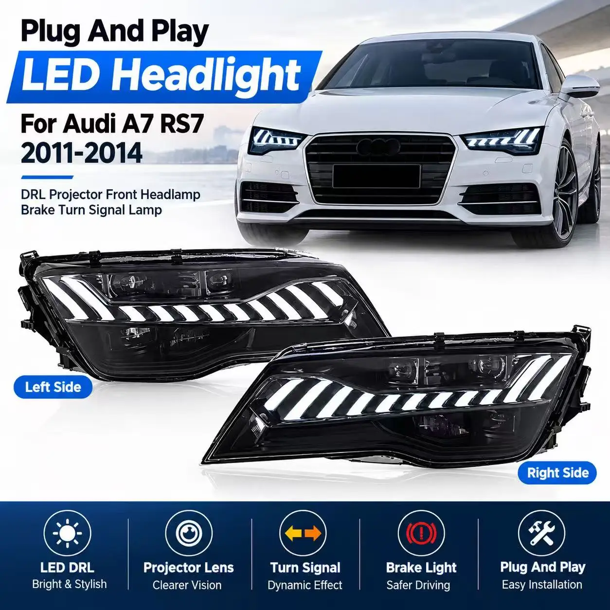 2PCS Plug And Play LED Headlight For Audi A7 RS7 2011-2014 DRL Projector Front Headlamp Brake Turn Signal Lamp