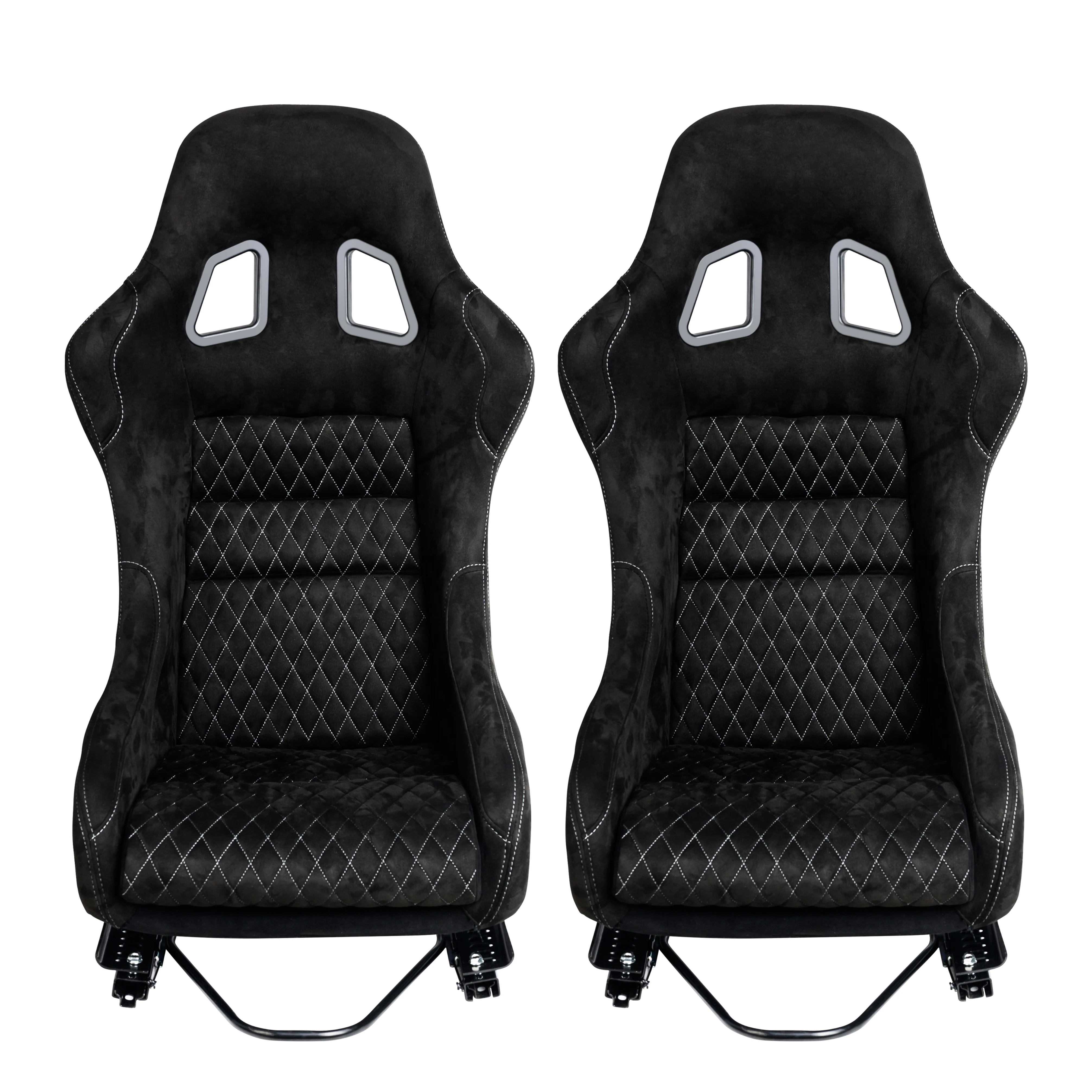 Size L 1PC of Universal Fiber Glass Racing Bucket Seat, Silver Mesh Shiny Fabric w/Dual Lock Slider, Two Different Color cushion