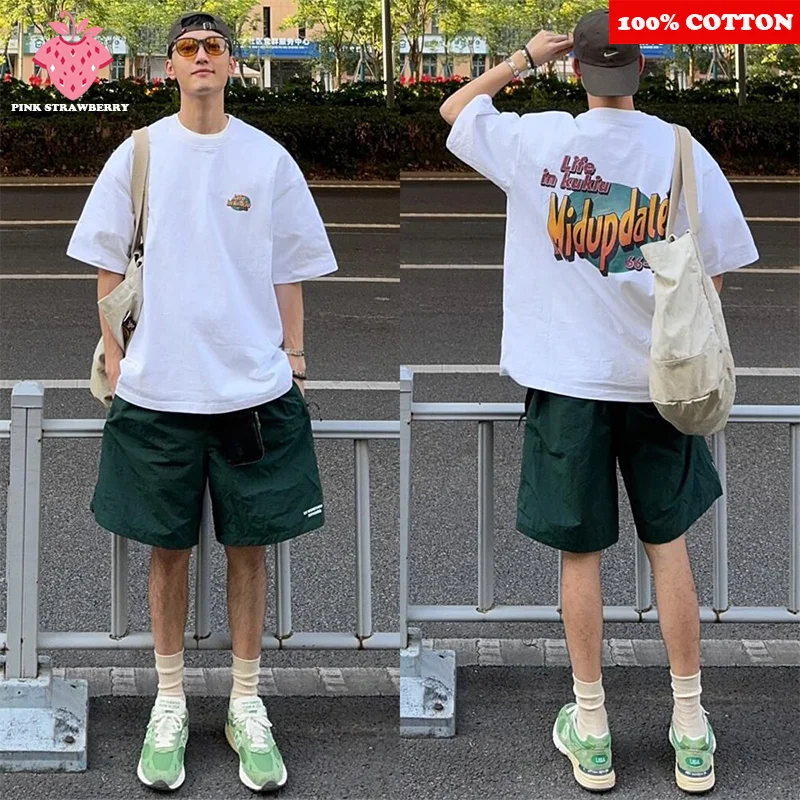 

American Street Letter Print T-shirt Men Summer 2025 New 100% Cotton Short sleeve Tee Loose Casual Y2k Top Youth Male clothing
