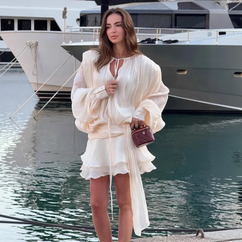 

Tuularose Ruffle Chiffon Dress Summer Elegant Ruffle Patchwork Lace Up V-Neck Sexy Dress Luxury Fashion Women's Evening Dresses