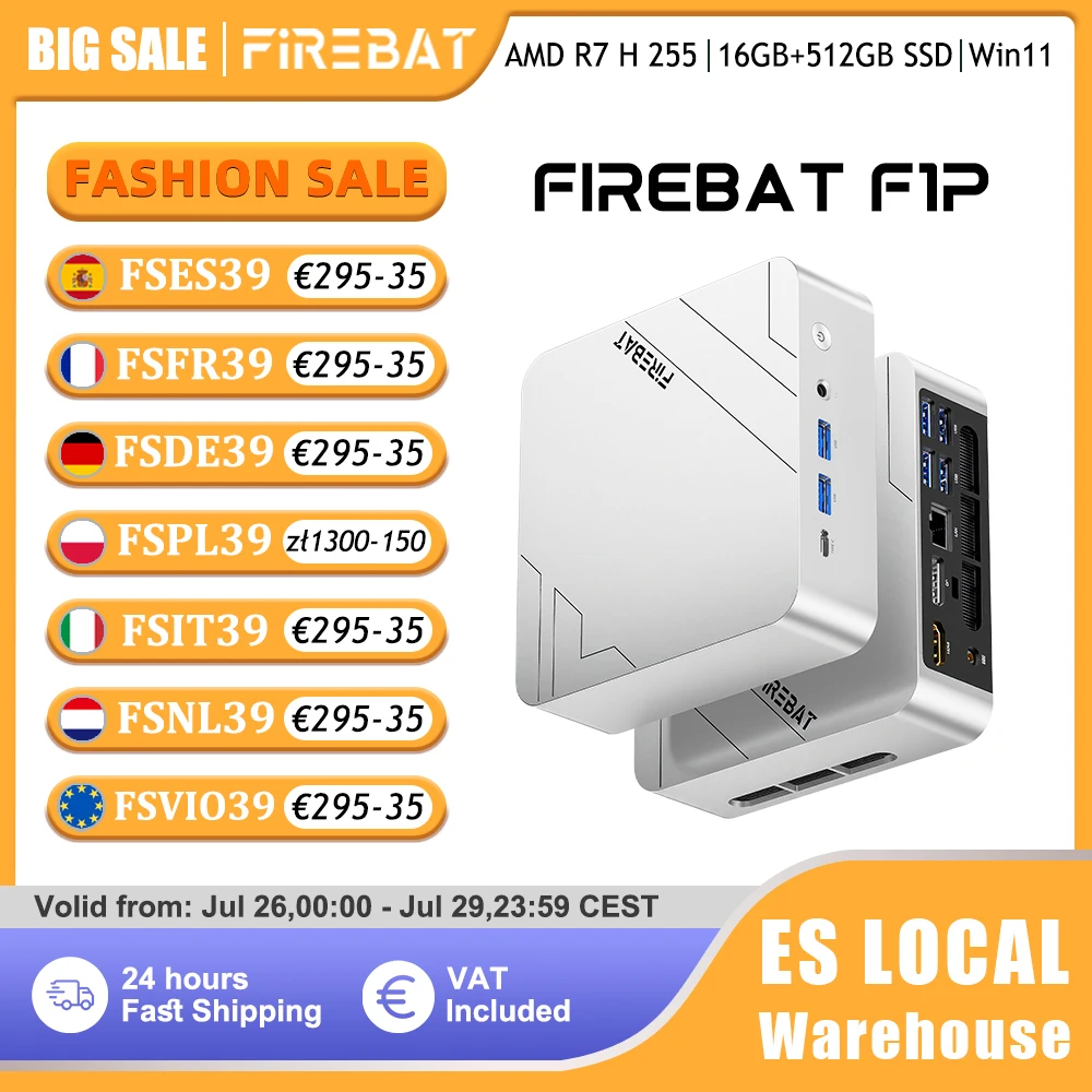 Firebat Mini PC F1 P AMD Ryzen 7 H 255 LPDDR5 16GB RAM 512GB SSD Windows 11 Pro Miniordenador de Escritorio Wi-Fi 6 BT 5.2 USB 4.0