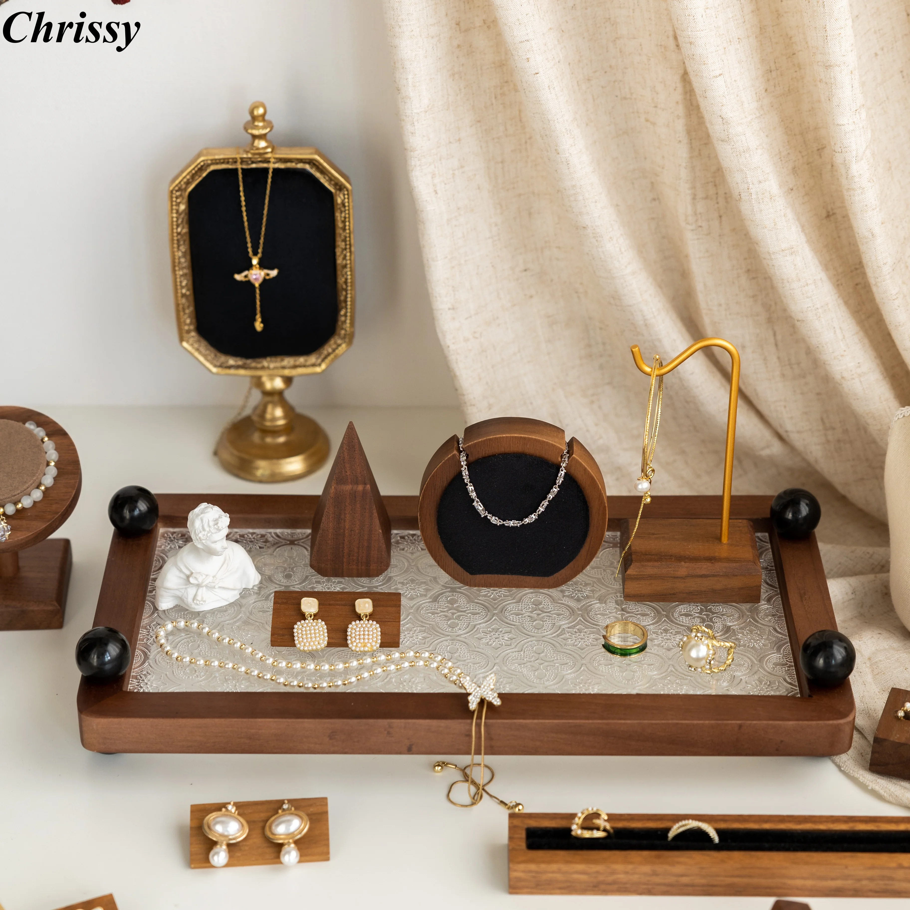 

French Style Jewelry Display Tray, Solid Wood Carved Begonia Flower Design for Necklace Ring, Luxury Counter Showcase