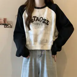 Casual Letter Printed Tie Dye Sweatshirts Spring Autumn Contrasting Colors Women's Clothing Spliced Korean Long Sleeve Pullovers