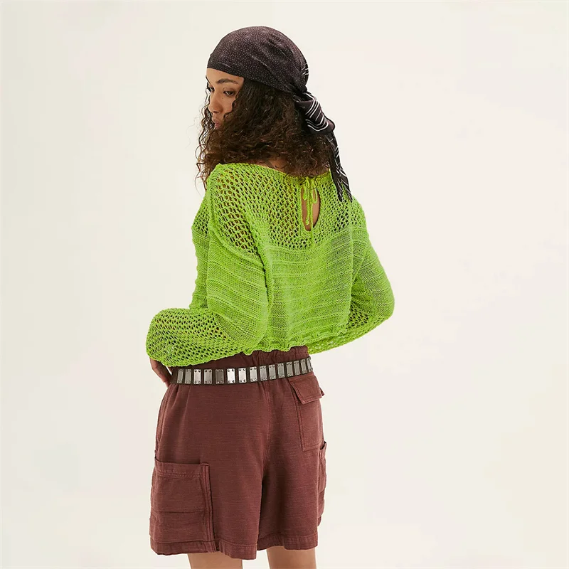 Wanita Seksi Hollow Keluar Crochet Bikini Cover Up Lengan Panjang Pantai Cover-Up Blus Rajut Crop Top Tipis Sweater Blusa