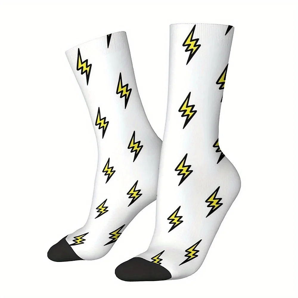 1 Pair Unisex Harajuku Seamless Print Crew Socks, Novelty Fun Lightning Design, 95% Polyester 5% Spandex, Hand Wash Only