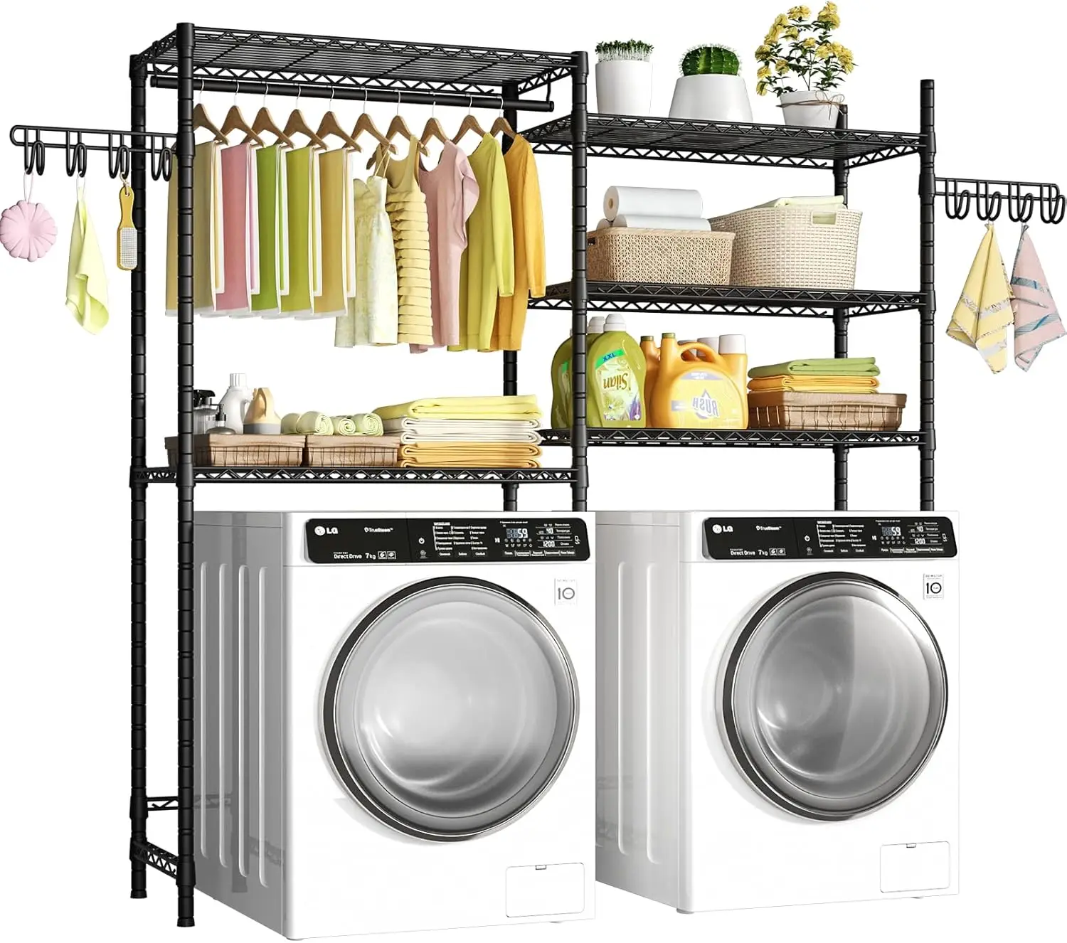 

65.3" W x 13.4" D x 77.5" H Clothes Drying Rack, 5 Tiers Over Washer and Dryer Laundry Room Storage and Organizer, Black