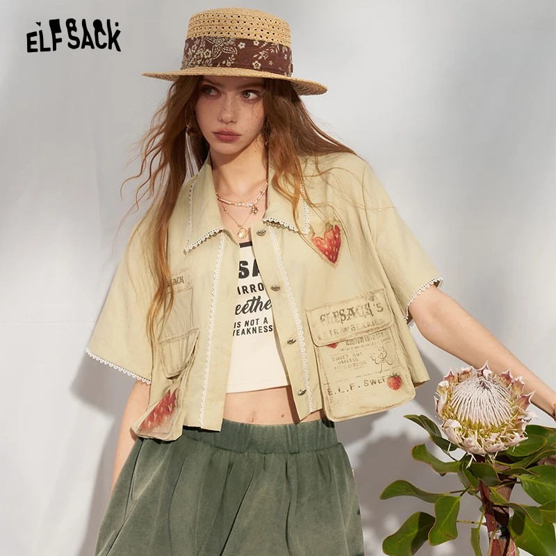 ELFSACK Hand Drawn Strawberry Print Cropped Shirt, Vintage Sweet Cool Lace Trim Blouse, Punk Street Casual Daily Top for Women