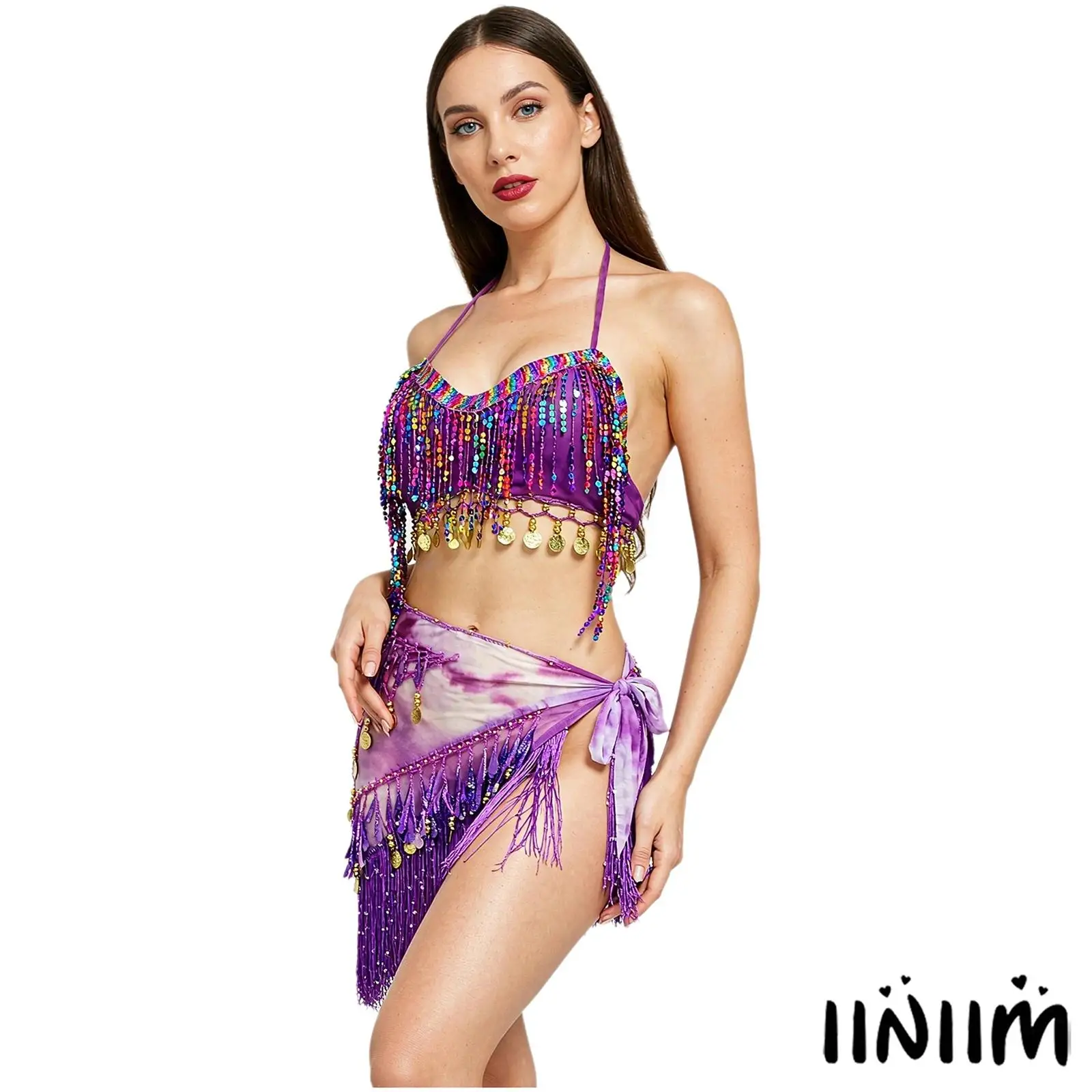 Women Sequins Tassel Belly Dance Costume 2 Piece Self Tie Padded Bra Top and Lace Up Tie Dye Hip Scarf Skirt for Indian dance