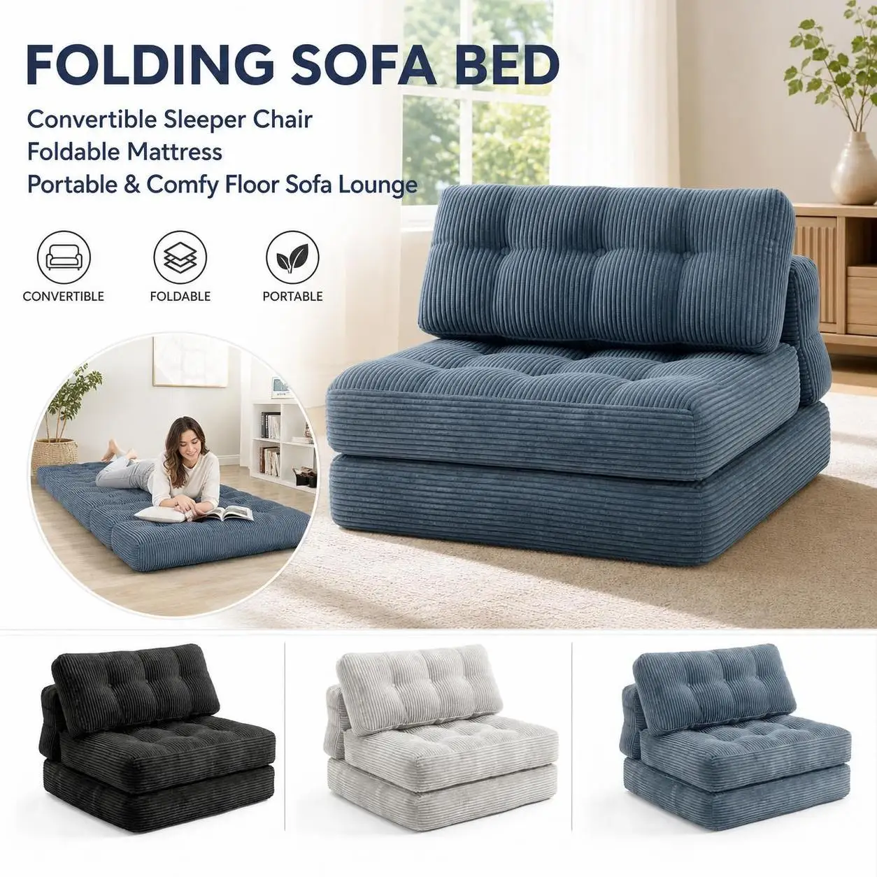 Divano letto pieghevole, poltrona trasformabile in letto per adulti, divano letto pieghevole portatile con imbottitura in schiuma e cuscino, poltrone letto singole, materasso da terra.