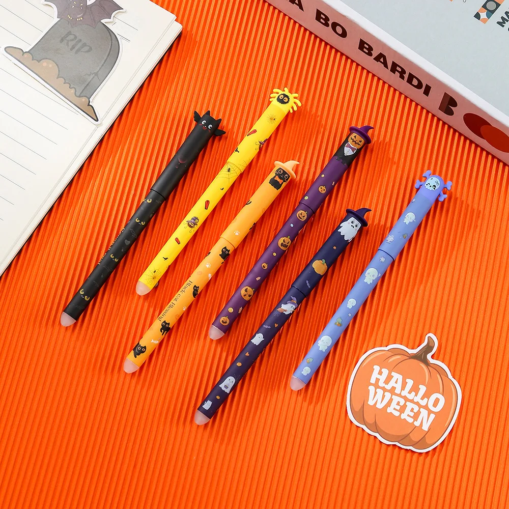 1-6 Stück Halloween löschbare Gelstifte, 0,7 mm Klick-Druckstift-Set, niedliche Geister-, Kürbis- und Fledermaus-Motive, Schreibgeschenk für Schüler, Schule und Büro – Detail 6