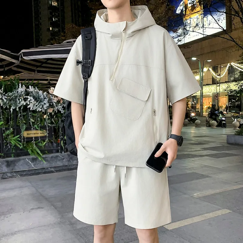 

Повседневный мужской комплект с короткими рукавами, летний новый стиль, корейский и гонконгский уличный тренд, рубашка и шорты, подходящие для подростков