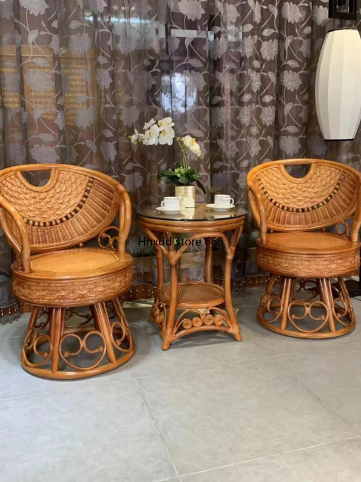 Natural rattan chair coffee table combination living room backrest casual woven balcony table and chairs