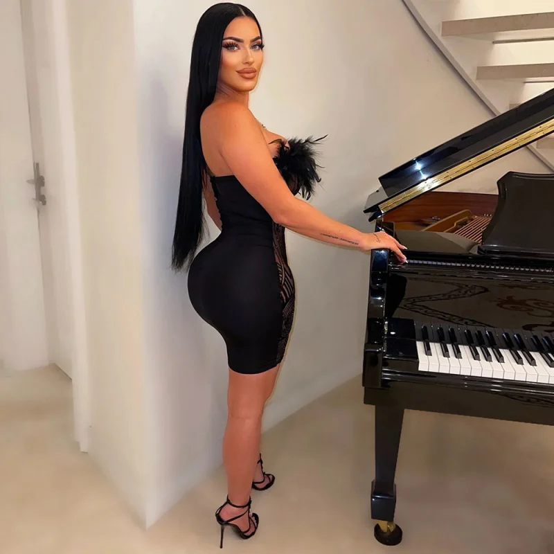 ชุดเดรสผ้าตาข่ายซีทรูปักเลื่อมแบบปะติดปะต่อเปิดไหล่สำหรับผู้หญิง