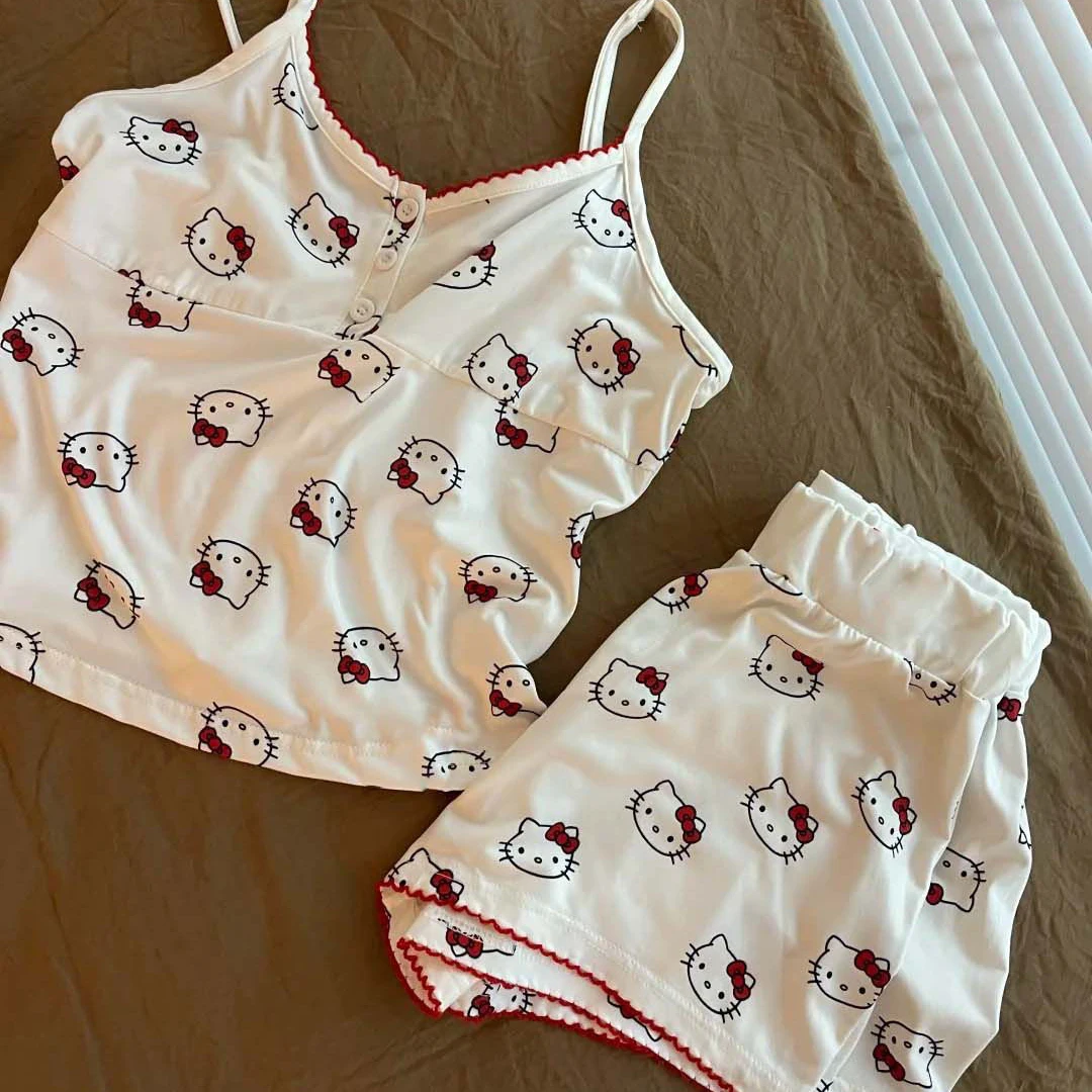 

Hello Kitty Kawaii Sanrio 2025 New Pure Desire Sexy Sling Pajamas Girls Spring Autumn Leisure Vest Shorts Sweet Homewear Suit
