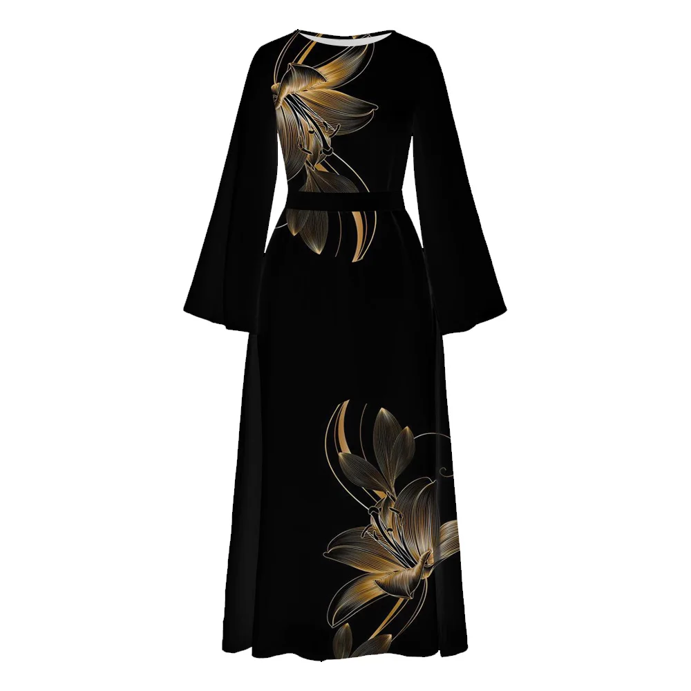 Muslim Female Black Abaya women Long Flare Sleeve Dubai Turkey Caftan Floral Print Islam Dresses Casual O Neck Robe With Belt