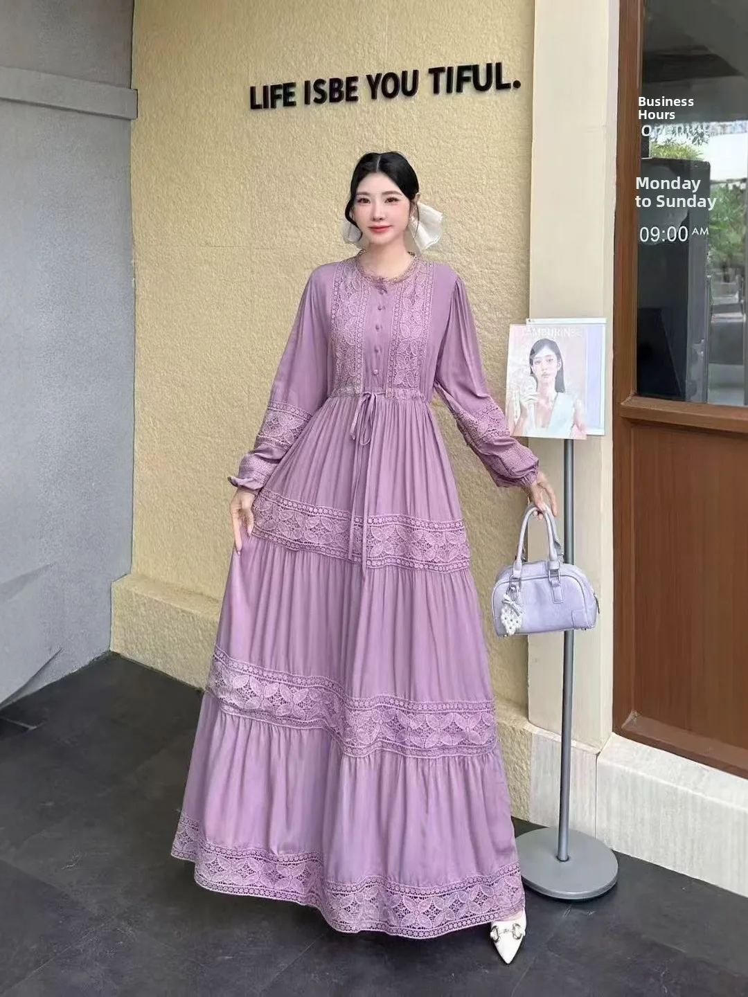 Retro Ladylike Light Purple Lace Splicing Long Sleeve Women's Dress Slimming Waist Design Elegant Floor-length Gown