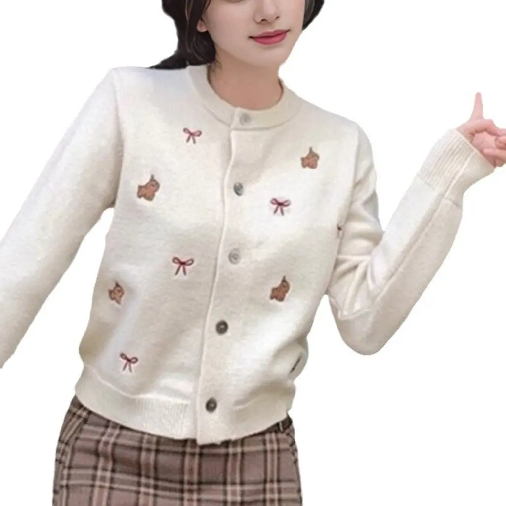 

Women's Soft Waxy Style Pattern Sweater Coat Short Sweet Design Embroidered Top Trendy Autumn Winter Outer Wear