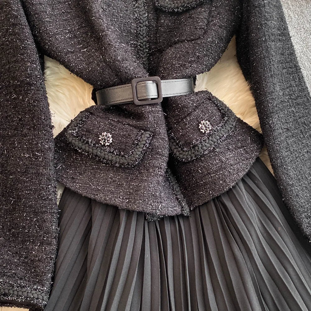 Hepburn eleganti abiti lunghi in tweed donna autunno cintura di cristallo chiffon pieghettato abiti da festa in pizzo abito di lusso occasione formale