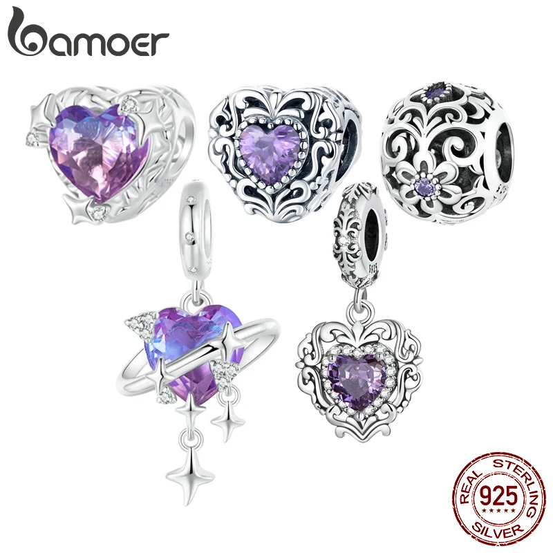 BAMOER 925 Sterling Silver Gradient Purple-pink Heart Charm Pendant fit Bracelet & Bangle DIY Jewelry Accessories Silver Bead