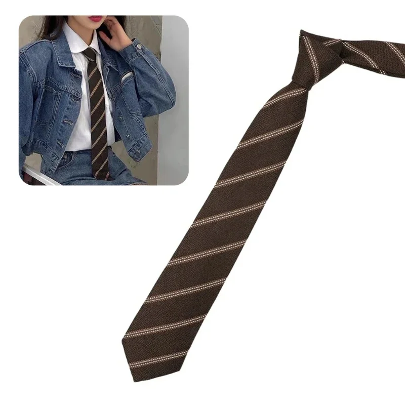 Polyester Silk Pre-Tied Neck Tie Vintage Brown Checkered Striped Necktie JK Girl School Student Uniform Bowknot Bowtie