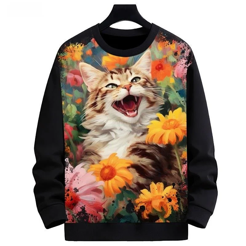 

New Men's Loose Fleece Lined round Neck Sweatshirt Digital Print Pattern 3D Digital Printing Warm Comfortable Polyester F...