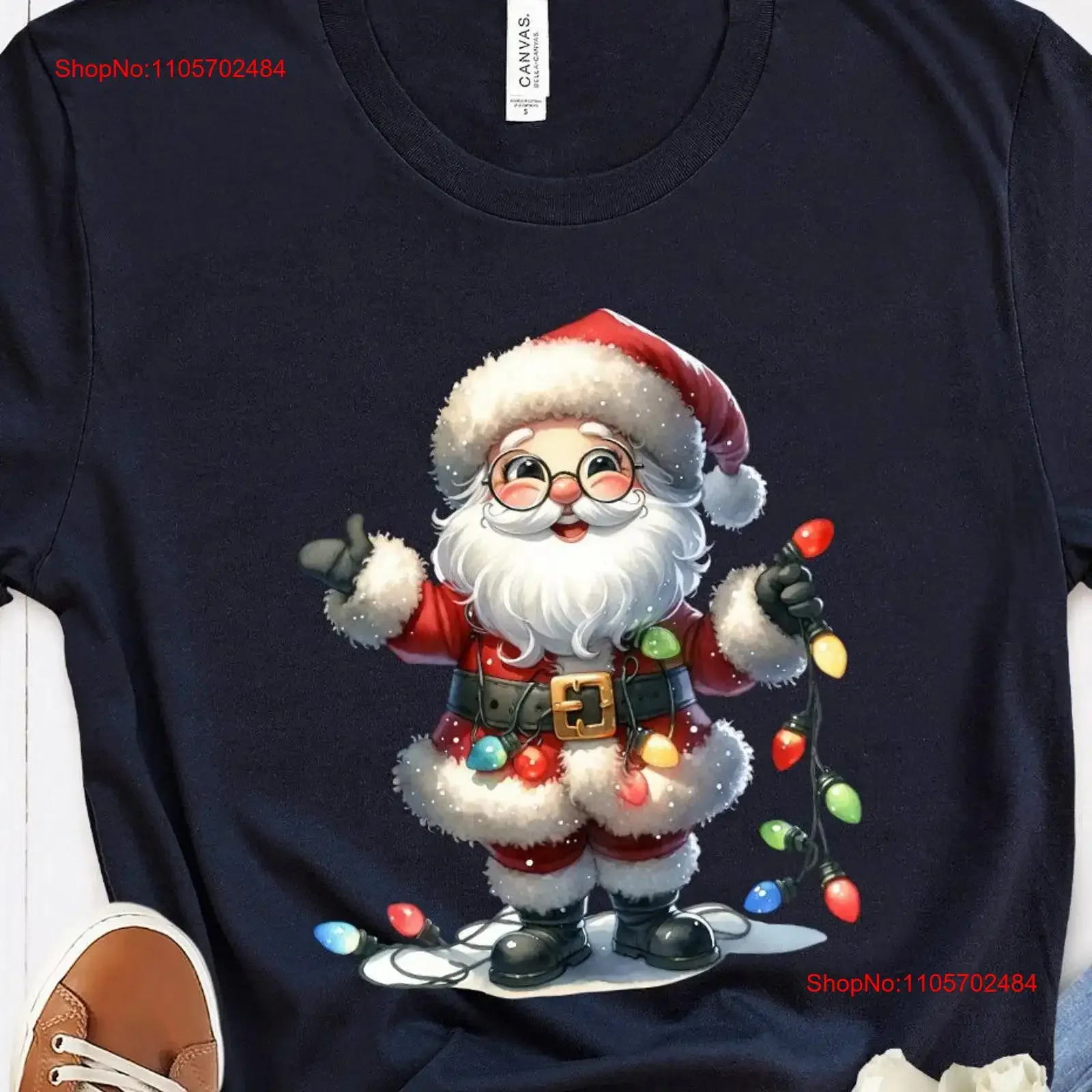 Watercolor Santa Claus T Shirt Christmas Lights Entangled Design Festive DTG Print for Men and Women Holiday Top vintage Casual