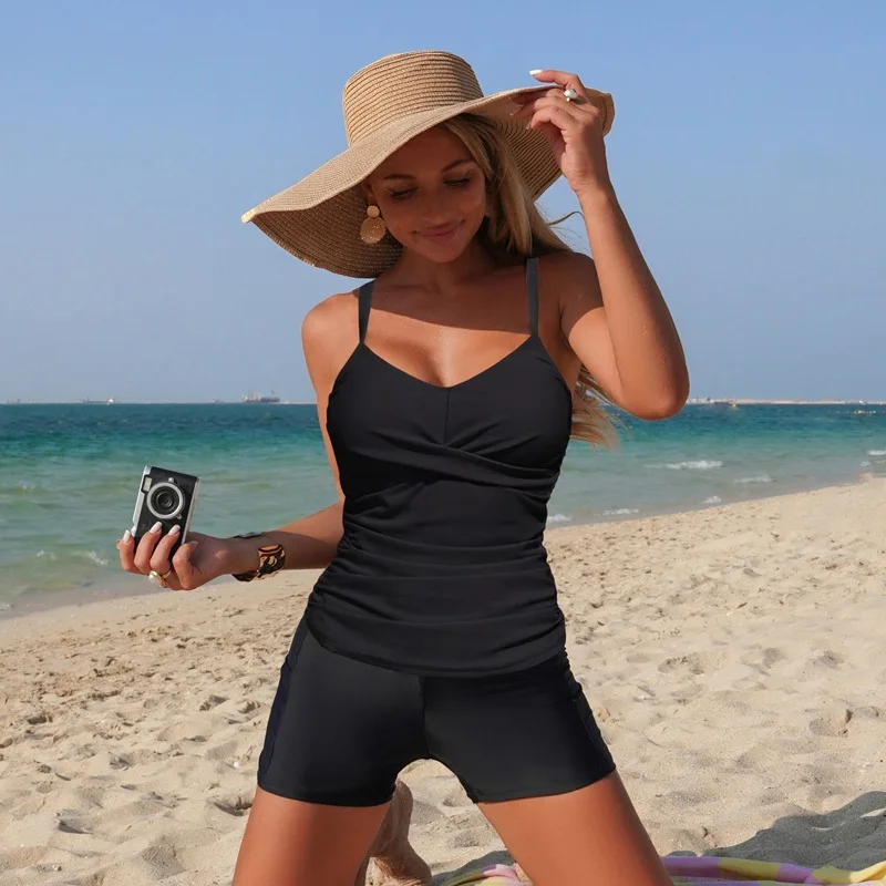 

Купальник-танкини женский 2026 года, комплект из двух предметов: топ с V-образным вырезом и шорты-бойшорты, с кружевной шнуровкой спереди, утягивающий, для коррекции фигуры