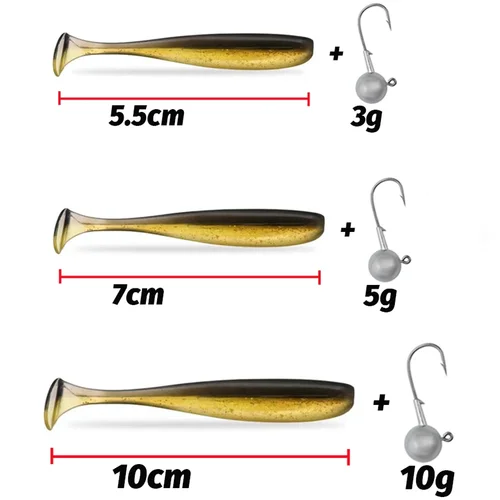 Imagen 2 del producto 14 Uds Kit de engranajes 10 Uds señuelo suave 5,5 cm 7cm 10cm gusano de cola en T 4 Uds anzuelo de cabeza de Jigging 3g 5g 10g plantilla de Metal Pesca cebo Swimbait