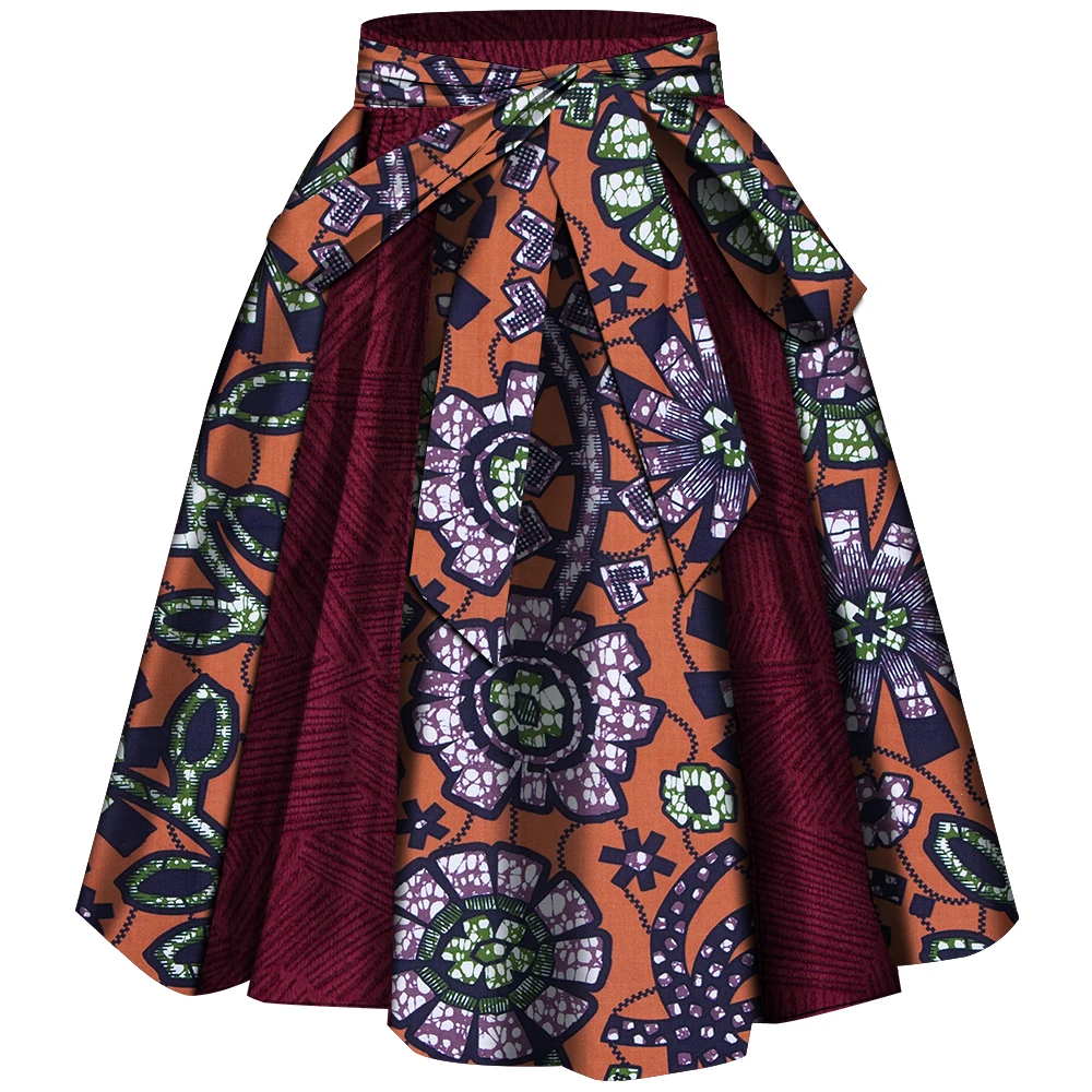 

African Women's Skirt Traditional Costume Flower Print Casual Dashiki Skirt Elastic Waist with Belt Calf Length WY10384