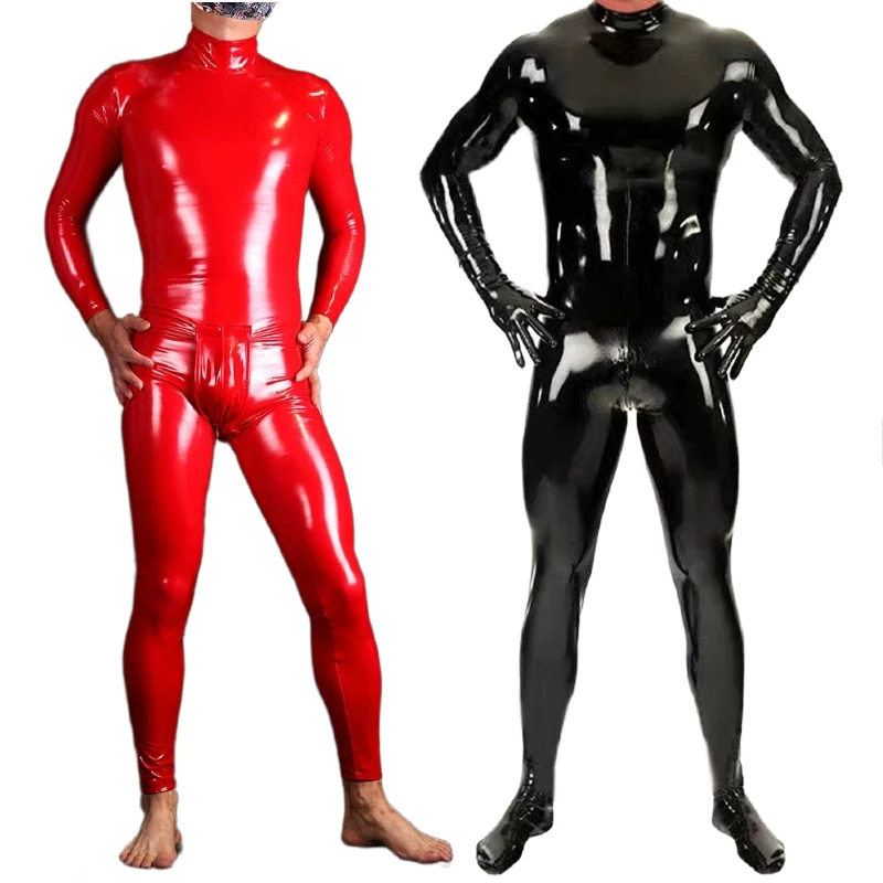Body masculino de látex metálico brilhante, macacão apertado de pele de corpo inteiro, macacão de borracha vermelho e preto para roupa de balada, dramatização de halloween