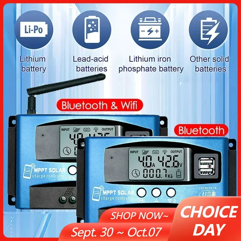 100A/60A/50A/40A/30A Bluetooth WIFI MPPT Solar Charge Controller 12V/24V 12-60V Dual USB Solar Panel Charger Regulator