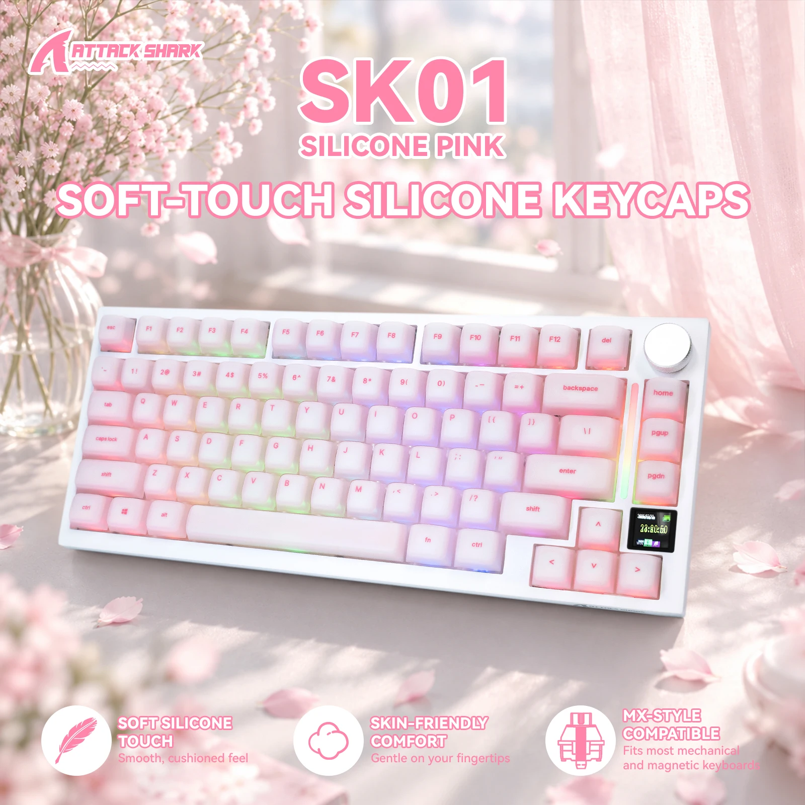 ATTACK SHARK SK01 Skin-Like Keycap Set,PC Silicone Keycaps,113 Keys,Pink Matte Texture,Cherry Profile,Dual-Layer Construction