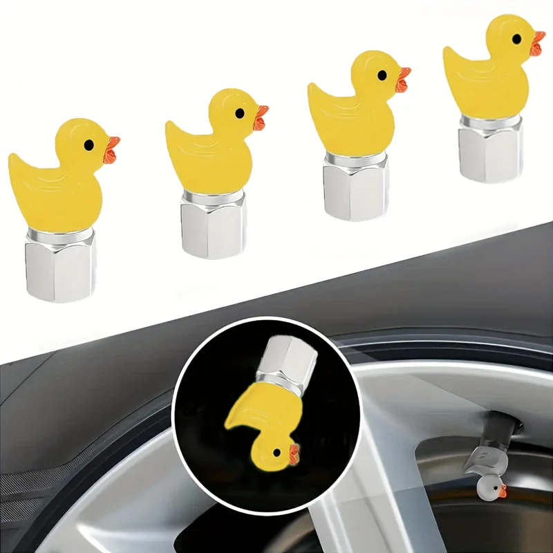 4 قطع من أغطية صمامات إطارات البط المتوهجة في الظلام - أغطية صمامات معدنية عالمية مع ملحقات مقاومة للماء بتصميم أصفر لطيف #1