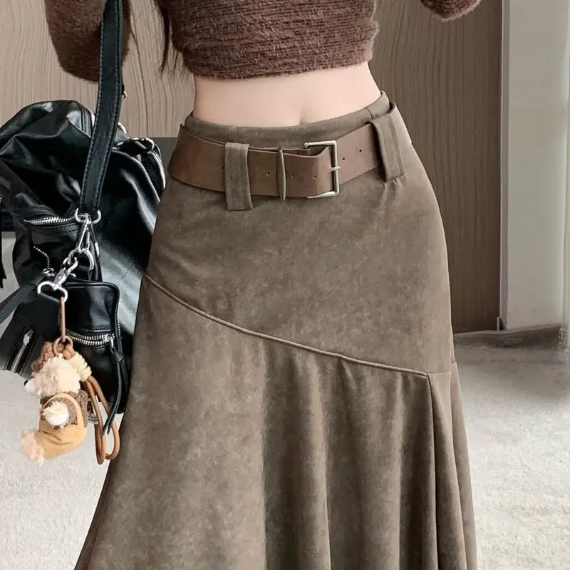 2026 New Spring Autumn Women's Vintage Khaki Blazer Skirt Irregular High Waist A Line Skirt Draped Slim Hip Wrap Straight Skirt