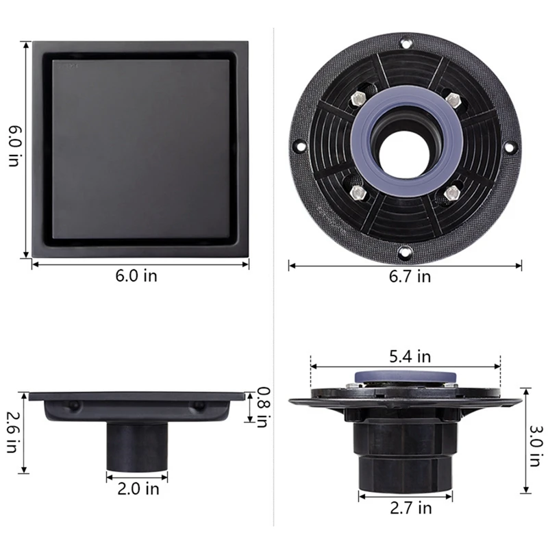 Black Shower Drain Square Shower lantai Drain dengan Flange Drain Shower penutup Drain Catcher rambut