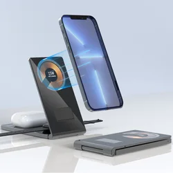 Double 15W Foldable Transparent Magnetic Qi Wireless Charger Stand For iWatch iPhone 15 14 13 Pro AirPods Fast Charging Station