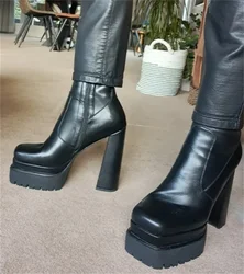 Onlymaker Women Quare Toe Double Platform Block Heel Ankle Boots Zipper Chunky Heel Black Matte Fashion Lady Ankle Boots