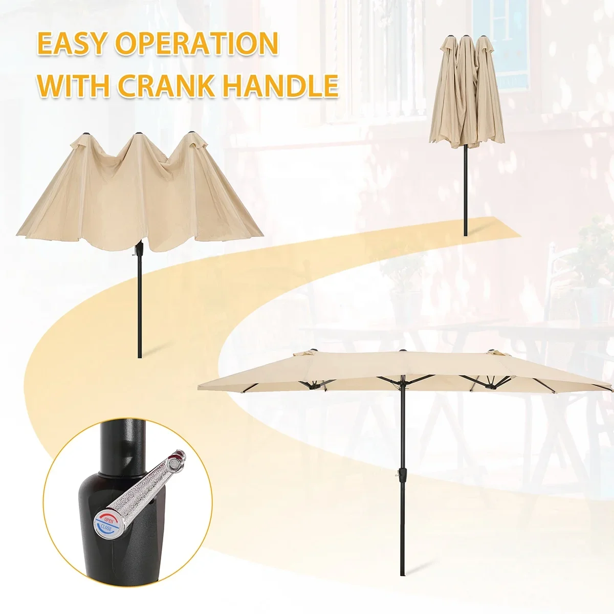 Large Double-Sided Rectangular Outdoor Aluminum Twin Patio Parasol, Market Umbrella with Crank, 15x9ft