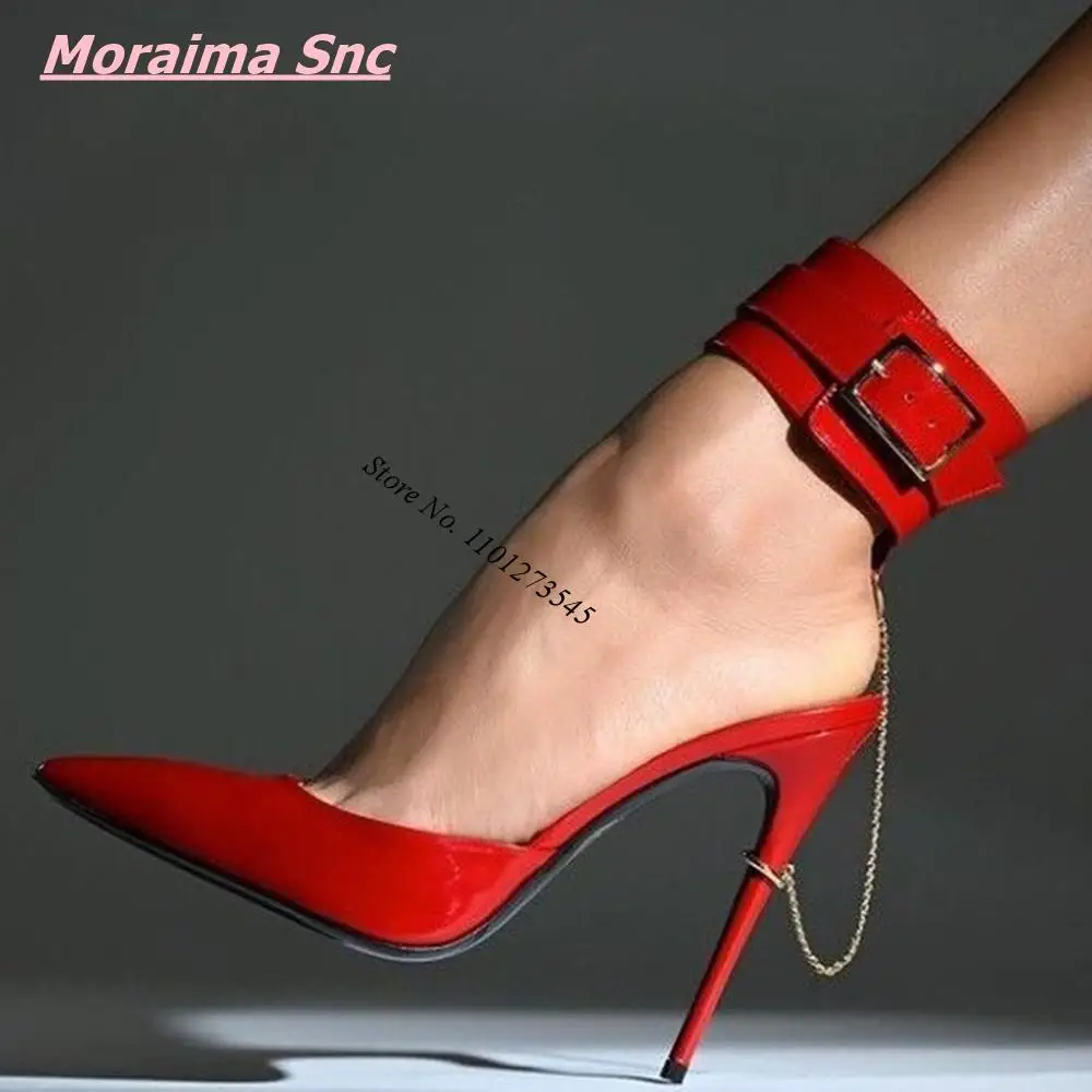

Summer New Luxury Women Sandals Brand Metal Chain Pumps Shallow Elegant Pointed Toe Stiletto Leather Sexy Party Wedding Shoes