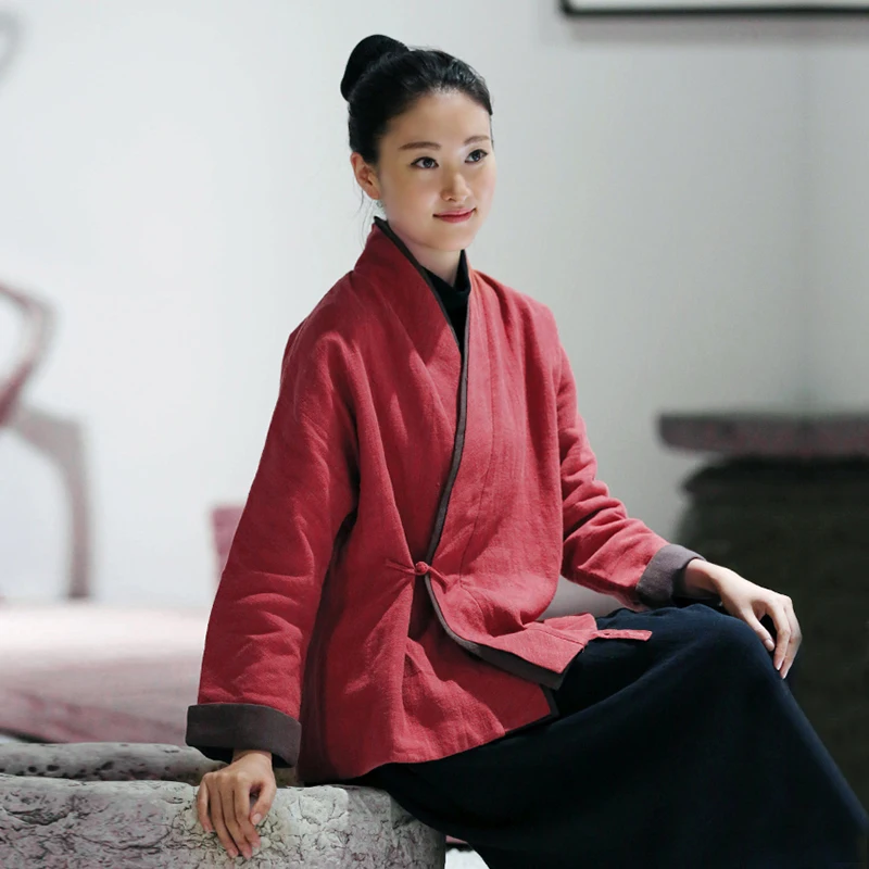

Women's Zen Tea Clothing Outerwear 2025 Autumn Winter Sle Buttoned Collar Reformed Hanfu Jaet Loose Fit Long Sve