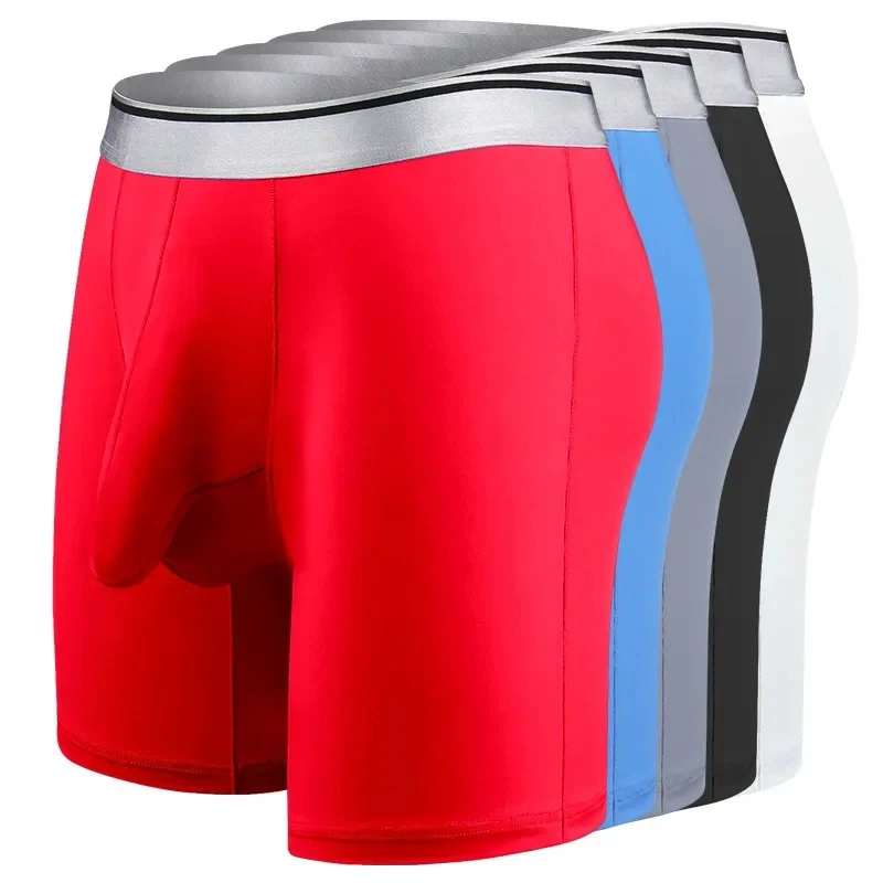 Men's Ice Silk Underwear Sports Boxer Shorts Breathable Comfy Workout Fitness Lengthening Wear Resistant Flat Boxers Long Cock