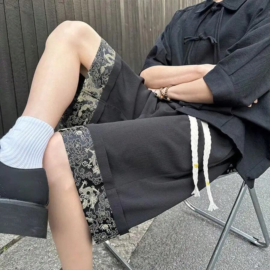 

Neo-Chinese Style Patchwork Shorts For Adults Summer Loose Fit Black