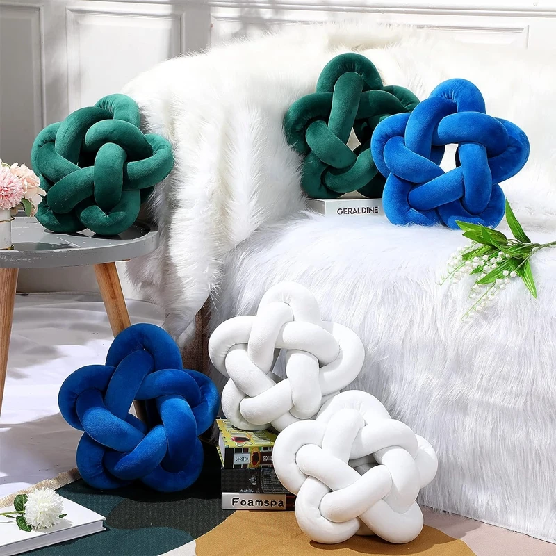 Blue Handmade Knot Throw Pillow Soft Knotted Star Sofa Lumbar Cushion Stuffed Ball Home Office Christmas Gift