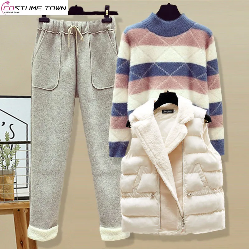 2023 Autumn and Winter Thickened Warm Vest Coat+Half High Collar Colored Sweater+Woolen Casual Pants Three Piece Fashion Set