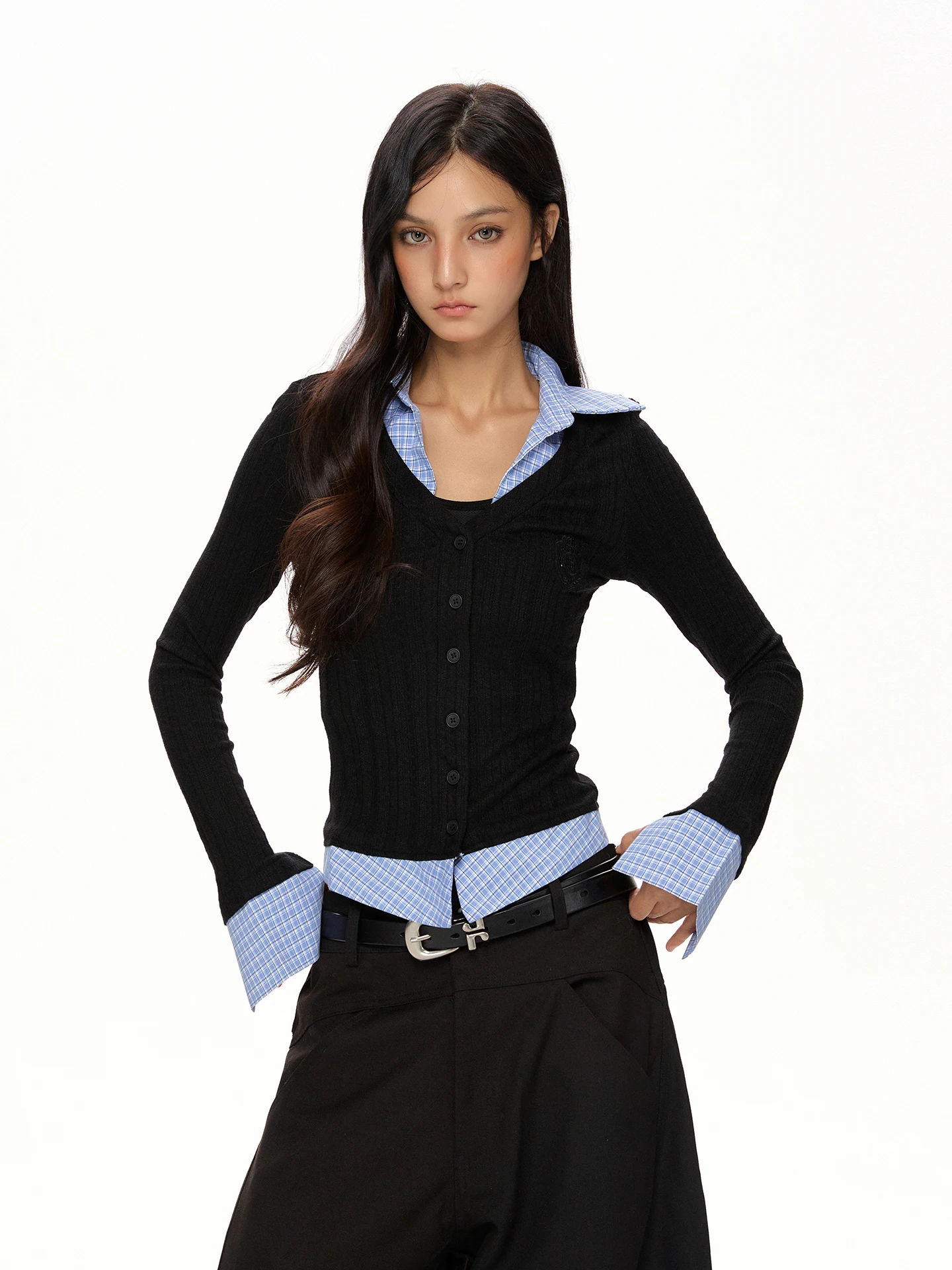 

VAT Commuter Sle Slim Fit Knitted Cardigan Women's Fake Two-Piece Design Casual Top Soft V-Ne Long Sve Polyester Blend