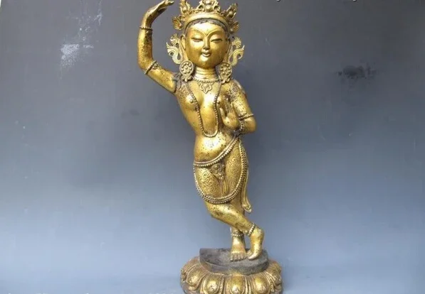 23"Tibet temple Folk classical Old Bronze Gild Stand TaRa Kwan-Yin Buddha Statue