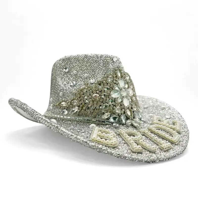 HongLuan الفضة الزفاف زي قبعة الكبار، قبعات رعاة البقر حجر الراين للمرأة، كاوبوي تأثيري الإناث الملحقات وقبعة راعية البقر #2