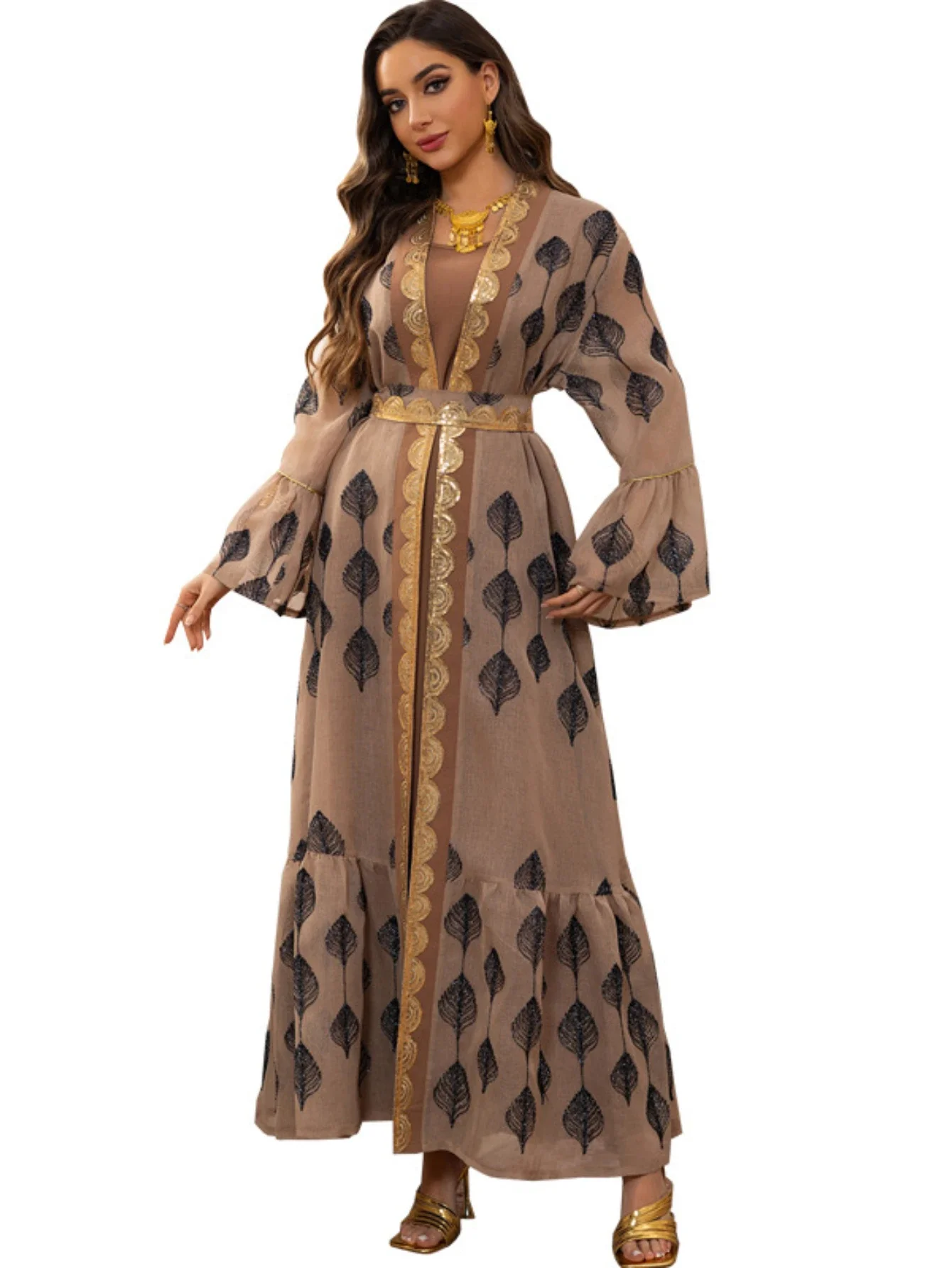 

Eid Dress for Women Abaya 2 Piece Set Mesh Embroidery Muslim Party Caftan Robe Jalabiya Morocco Kaftan Vestidos Largos Ramadan