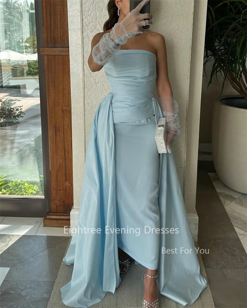 Eightree Elegant Sky Blue Ankle Length Prom Dresses Strapless Zipper Back Women Wear Birthday Party Evening Overskirts Dress